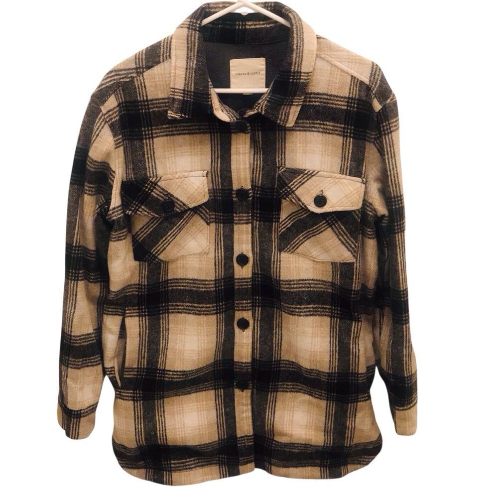 Thread & Supply Charcoal and Cream Plaid Flannel Lined  Shacket Medium
